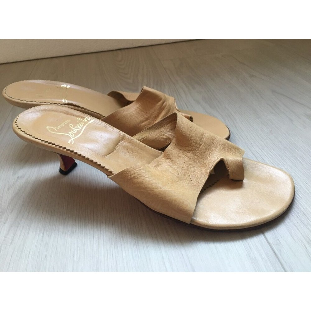 Christian Louboutin tan leather open toe kitten heel sandals